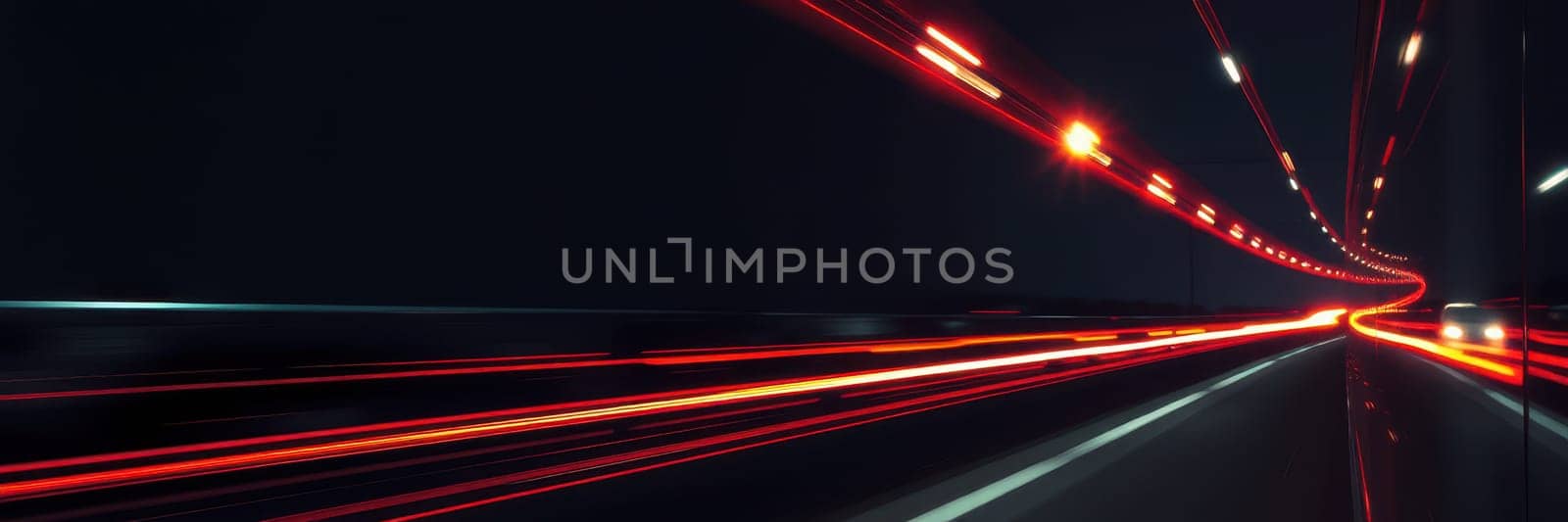 Bright red and white light trails weave through the darkness on a busy highway, creating a dynamic sense of movement and energy during late hours.