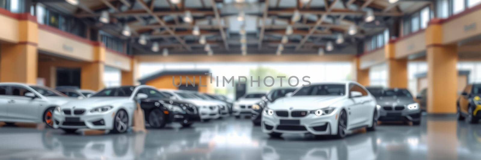 Various luxury cars are elegantly arranged in a contemporary showroom, highlighting sleek designs and vibrant colors under well-distributed lighting. The space feels inviting and upscale.