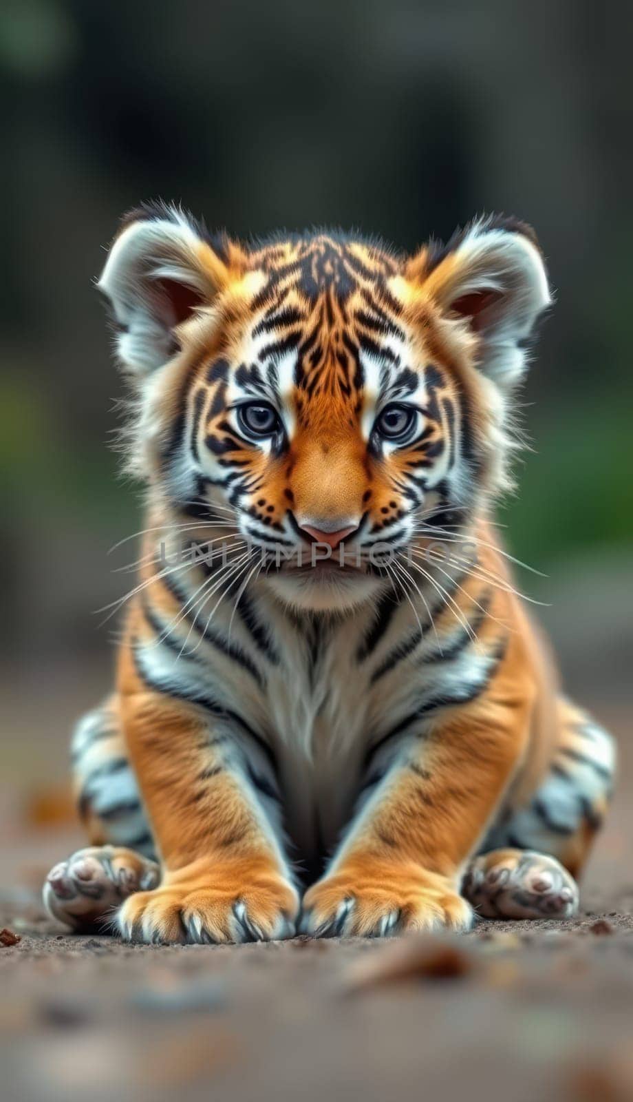 A young tiger sits on the ground, looking directly at the viewer with bright eyes. Its distinctive orange and black stripes are vivid.