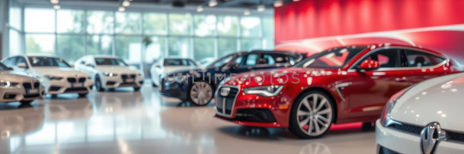 A selection of luxury cars is highlighted in a contemporary showroom. The red sports car stands out among various models, showcasing elegance and advanced design.