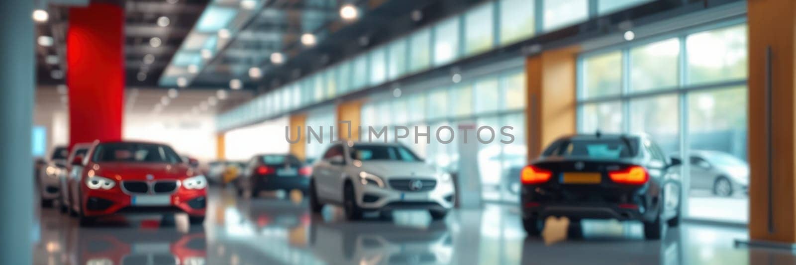 Several luxury cars showcase their sleek designs in a well-lit showroom. The contemporary space features high ceilings and attractive finishes, inviting potential buyers.