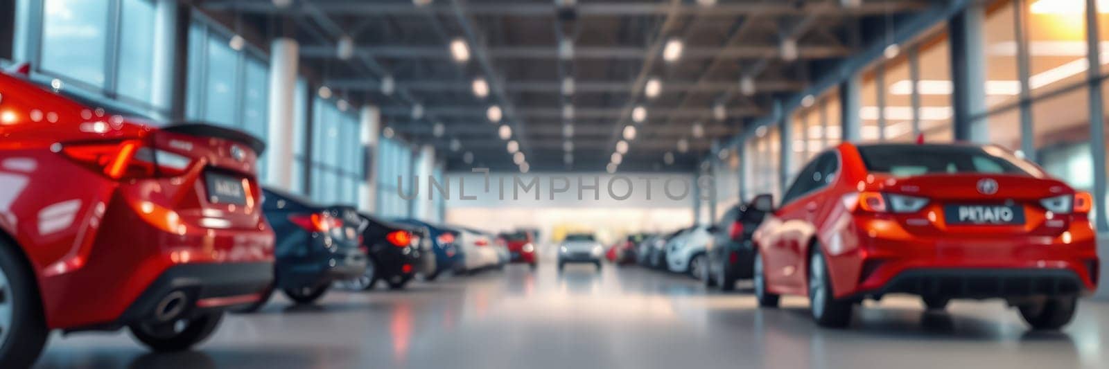 An indoor car dealership displays numerous vehicles parked in neat rows. Various colors and models are present, showcasing the latest automotive designs in a well-lit environment.