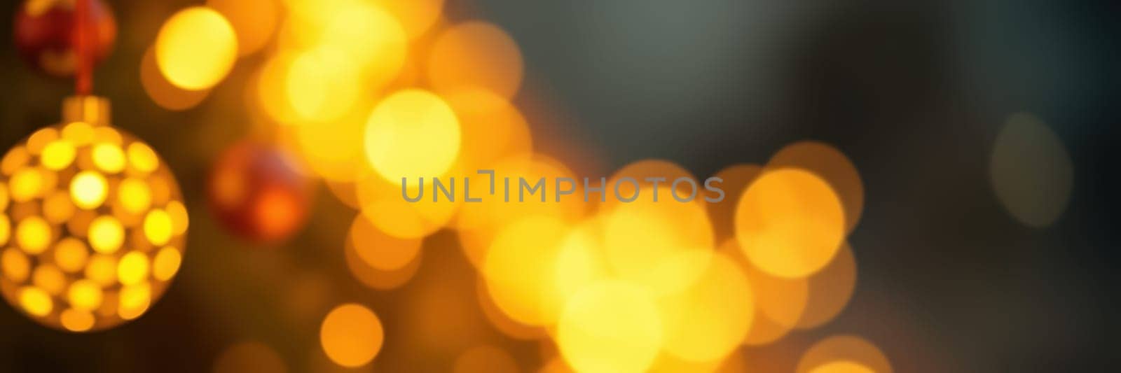 Bright golden bokeh lights softly illuminate the surroundings, evoking a warm and cheerful ambiance typical of holiday celebrations. The blurred effect enhances the festive feel.