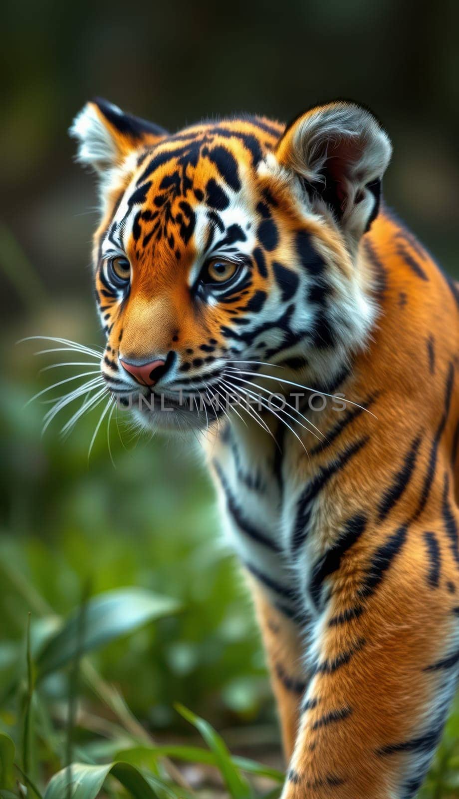 A young tiger with striking orange and black stripes sits attentively in a verdant environment, scanning its surroundings with keen interest. Sunlight filters through the leaves.