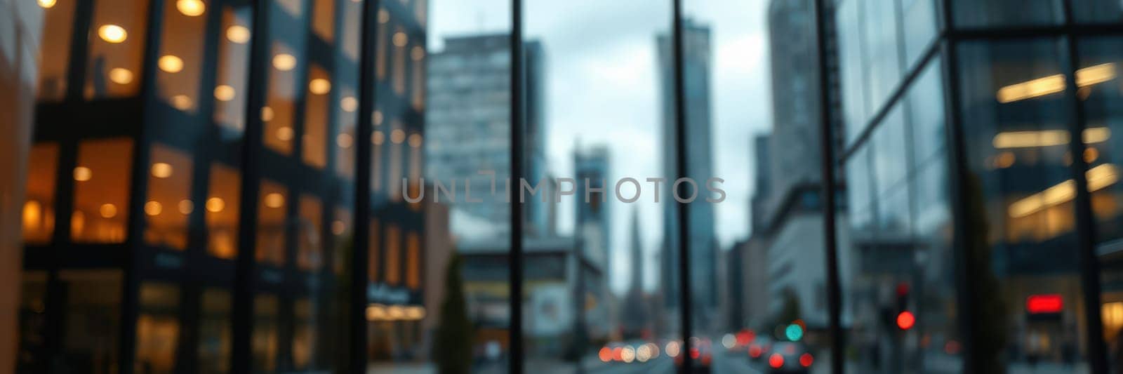 A bustling urban landscape displays tall buildings and a cloudy sky. The vibrant city streets are filled with cars and pedestrians, creating a lively atmosphere.