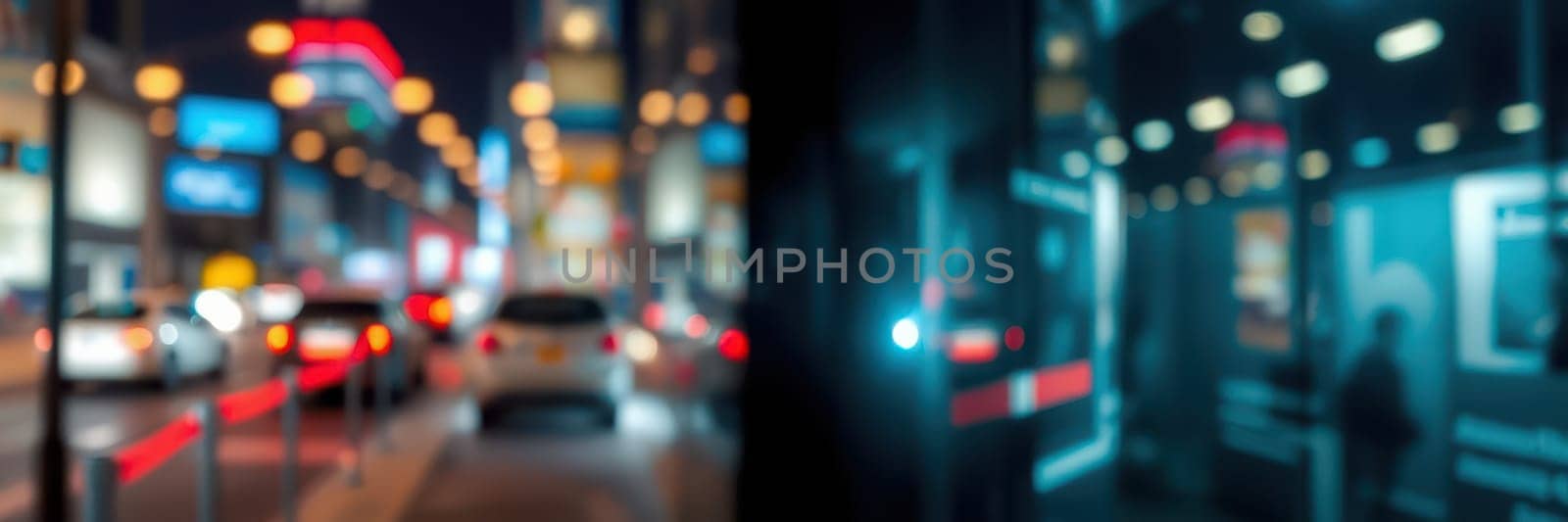 Vehicles move along a bustling city street at night, surrounded by bright lights and reflections. The atmosphere radiates energy and urban excitement, featuring pedestrians in view.