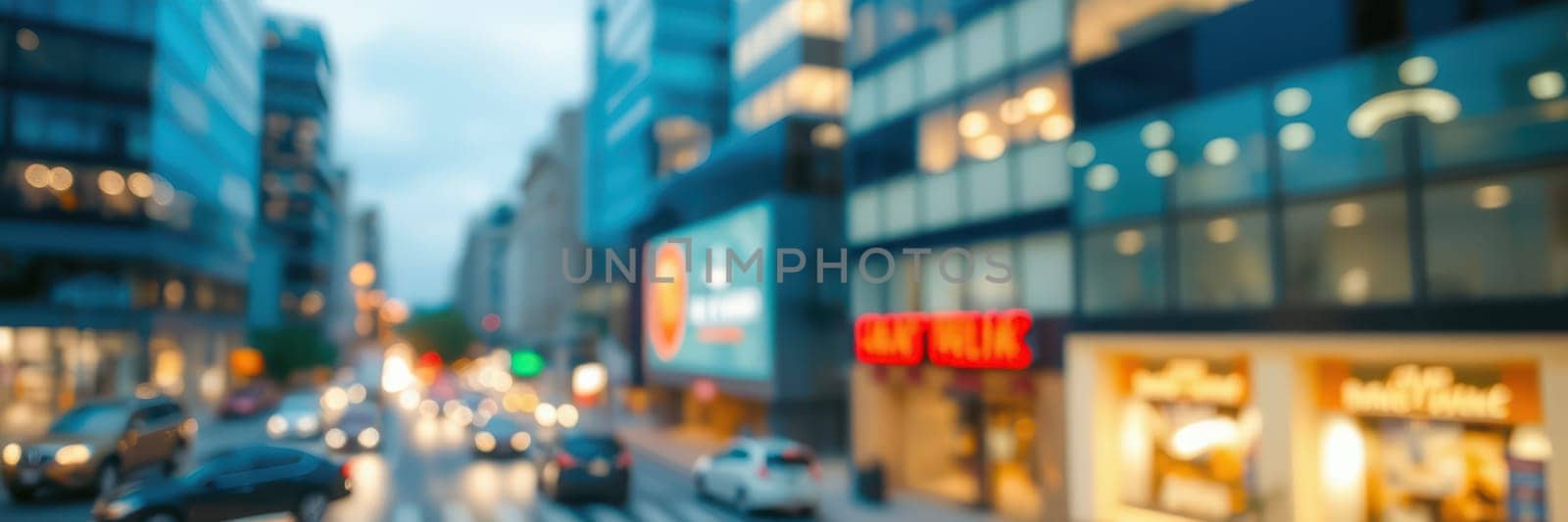 A vibrant city street bustling with activity as dusk falls. Cars navigate the wet road, while illuminated buildings reflect the rainy weather, creating a lively atmosphere.