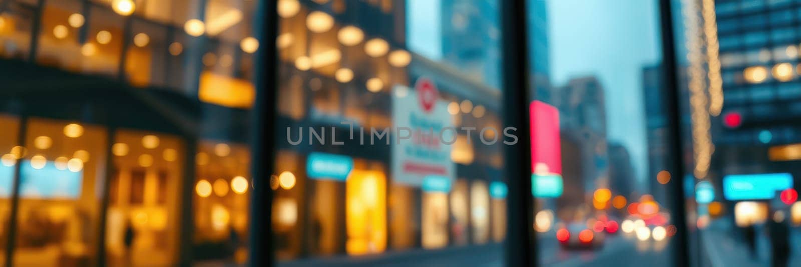 A bustling urban area seen through glass with vibrant lights illuminating the street. Storefronts showcase various colors, creating a lively atmosphere during twilight.