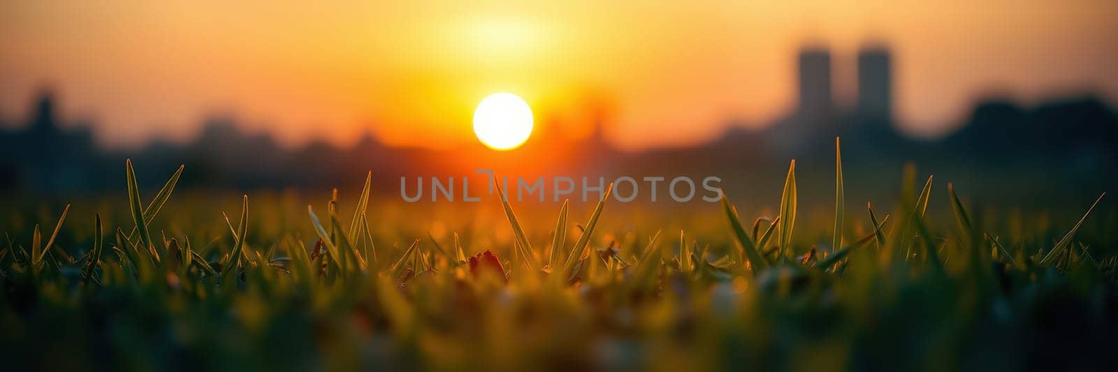 Golden sunlight illuminates a grassy field as the sun sets behind a city skyline. The warm hues create a serene atmosphere typical of early evening hours.