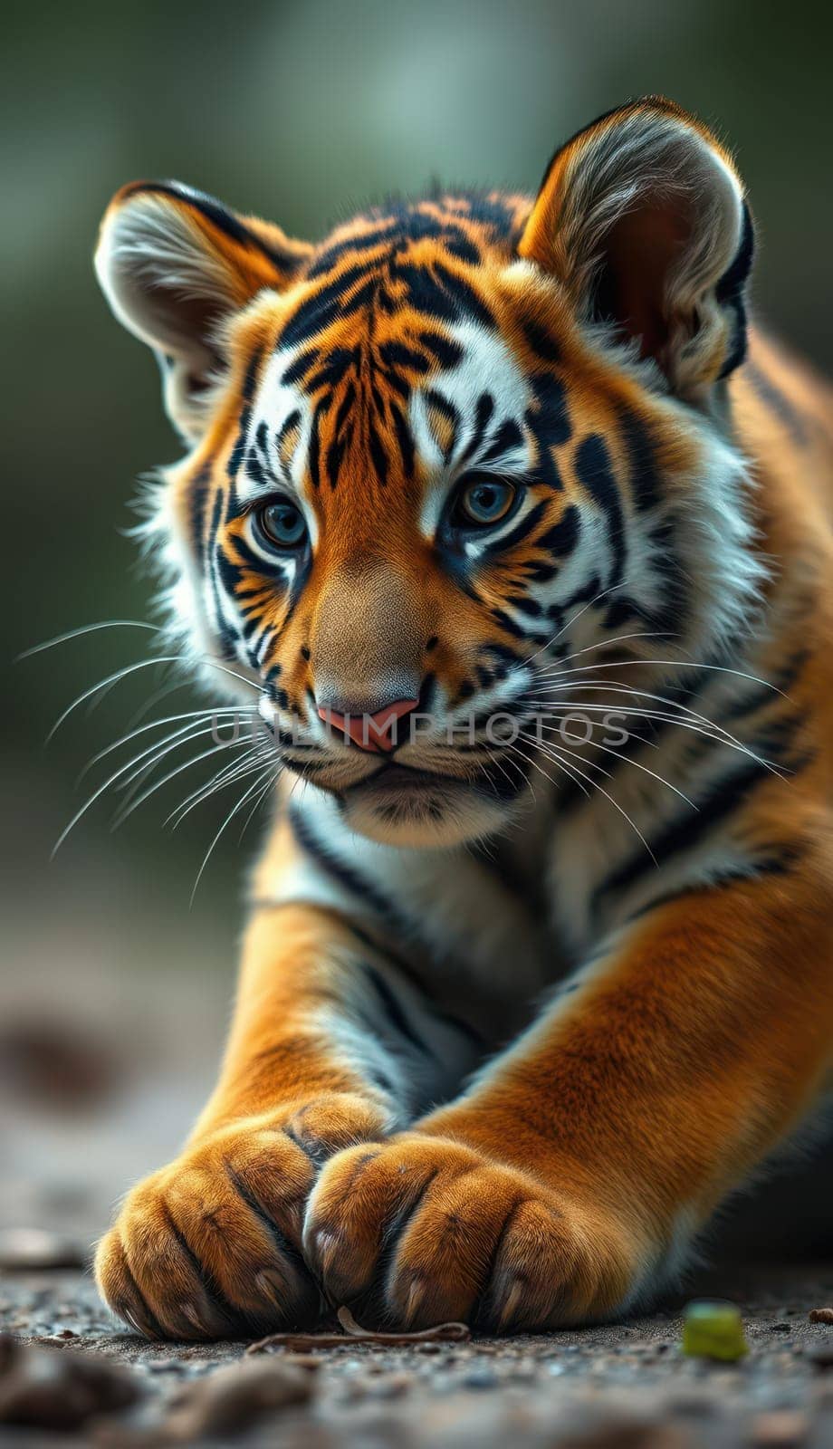 A young tiger cub is relaxing and stretching in its natural environment on a sunny afternoon. The cub displays vibrant orange fur with distinctive black stripes, showcasing its playful nature.
