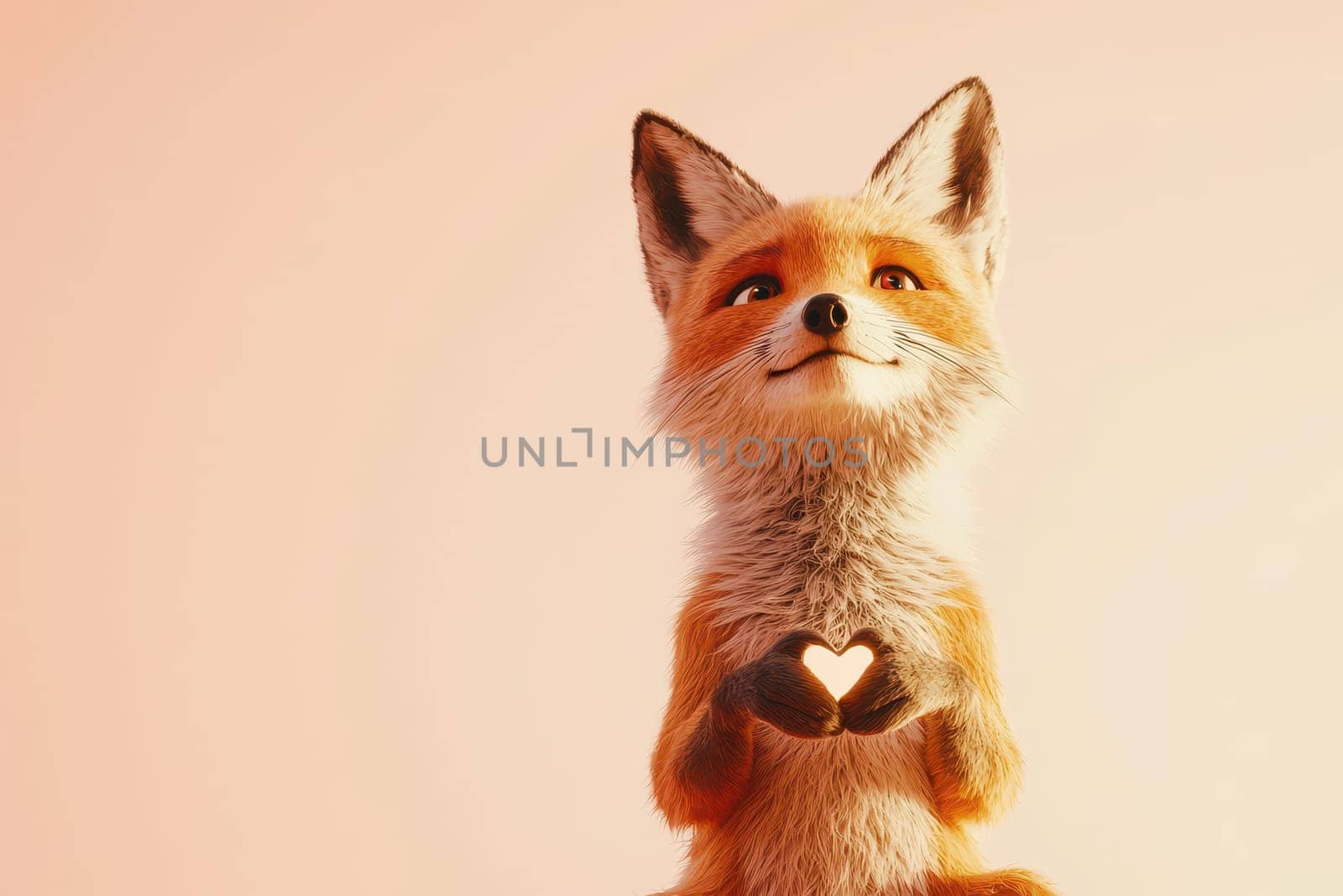Adorable fox character exhibiting warmth and friendliness while holding a heart symbol in a soft pastel background, perfect for conveying emotions of love and joy.