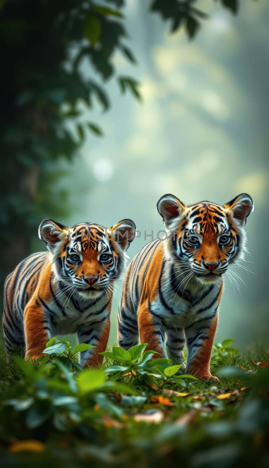 Two playful young tigers wander through a vibrant green forest illuminated by soft afternoon sunlight, showcasing their striking orange and black stripes amid the foliage.