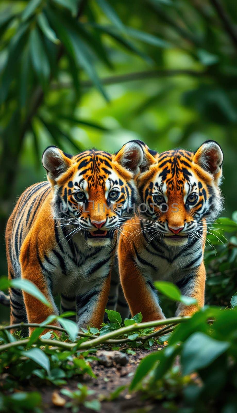 Two young tiger cubs wander through a dense green forest, playfully interacting with each other. Their distinctive fur patterns stand out in the sunlight filtering through the leaves.