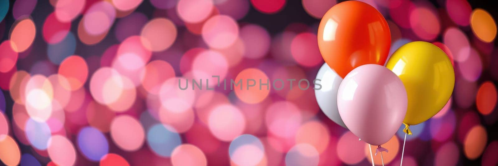 Brightly colored balloons float against a vibrant, blurred background filled with a mix of soft lights, creating a joyful atmosphere typical of evening celebrations.