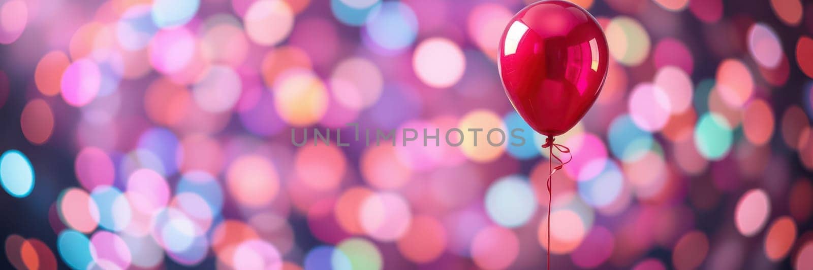 A vibrant red balloon dangles in the air, illuminated by a blur of colorful lights in the background, creating a joyful atmosphere perfect for a celebration or party.