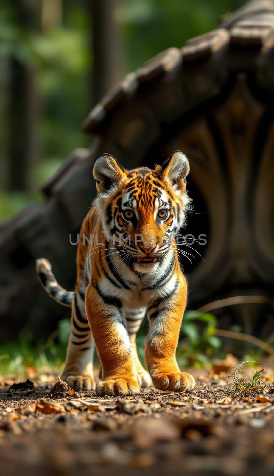 A young tiger explores its lush forest environment, showcasing its playful demeanor.