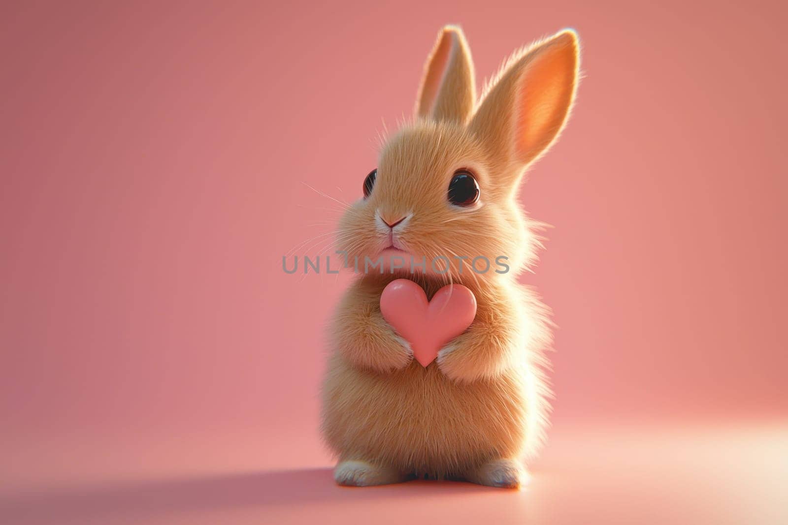 This adorable baby bunny holds a heart symbol, set against a soft pink background. Ideal for love themes, this cute and furry pet radiates joy and warmth.