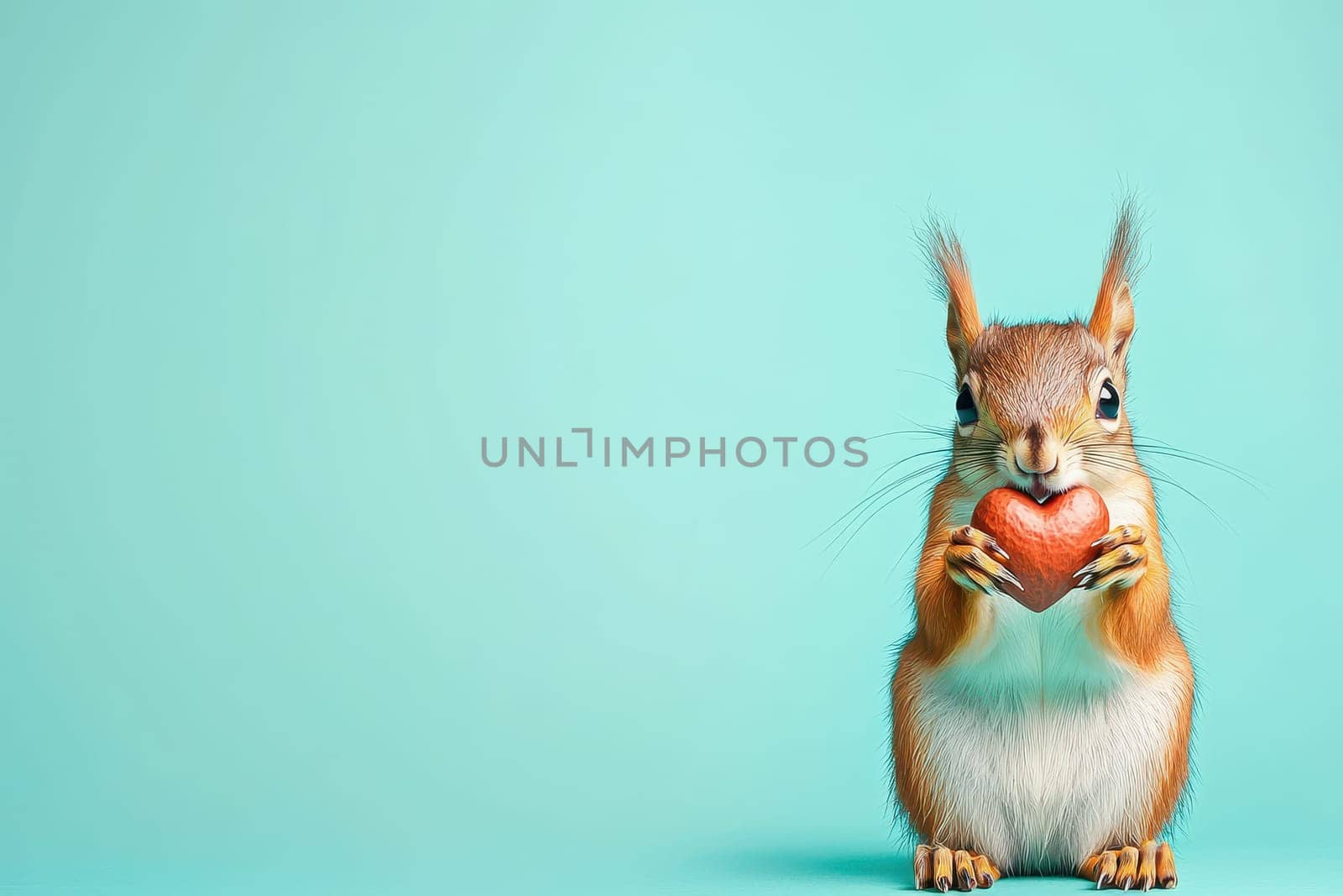A delightful image of a cute squirrel holding a heart-shaped object, set against a vibrant turquoise background, perfect for Valentine's Day themes.