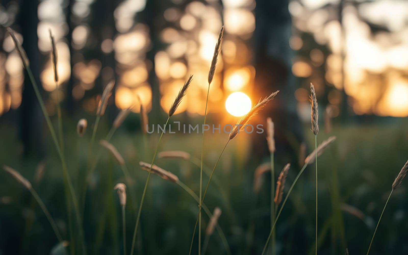 Tall grasses sway gently in a tranquil forest as the sun sets, casting warm golden light through the trees in a peaceful evening atmosphere.
