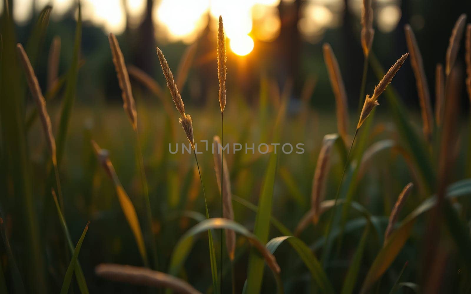 Sunlight casts a warm glow over a field of tall grass during dusk, creating a tranquil atmosphere. The scene captures nature's beauty and peacefulness at twilight.