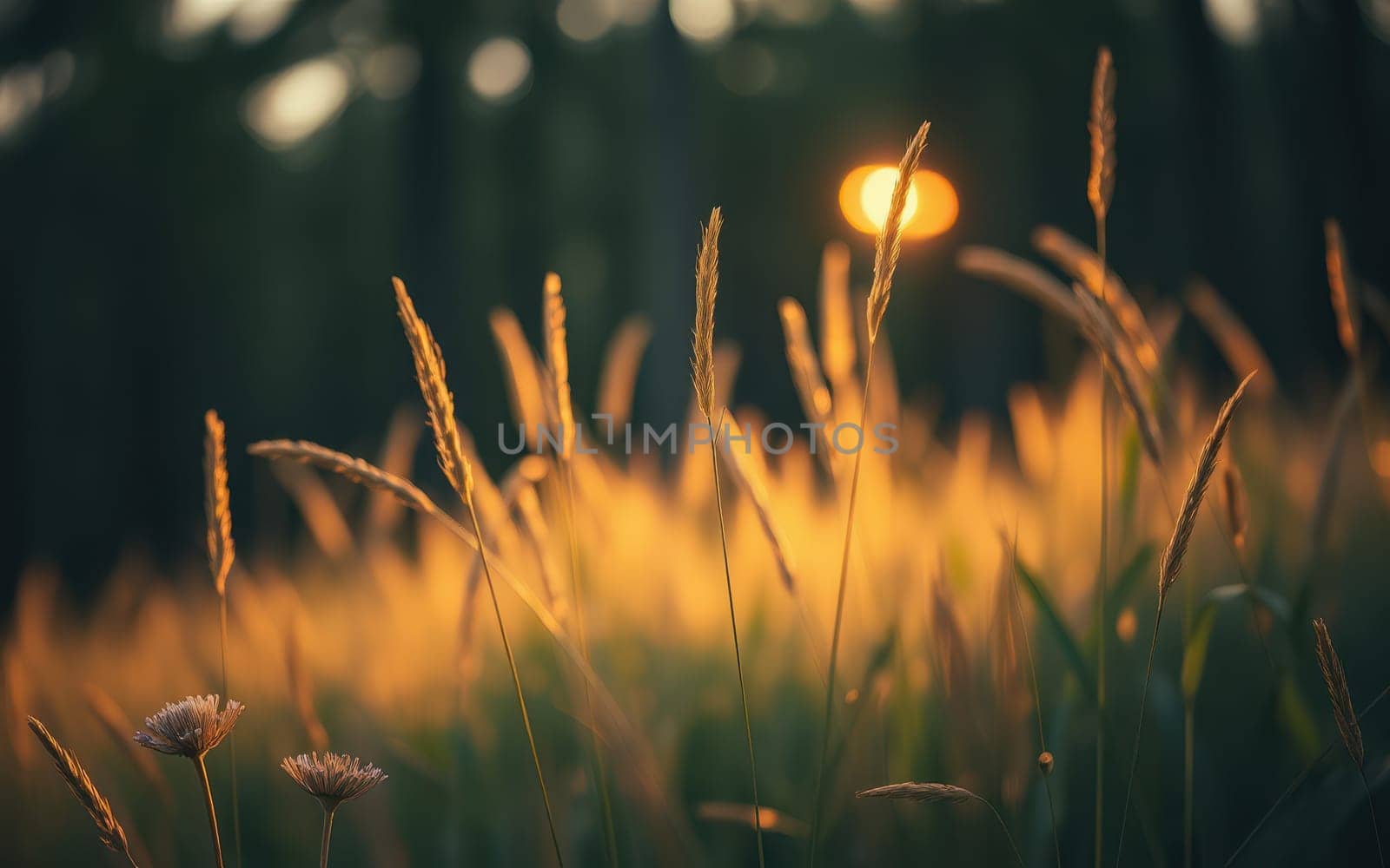 Sunlight filters through tall grass, creating a warm glow in a peaceful field. Flowers bloom amidst the golden hues as the sun sets in the background.