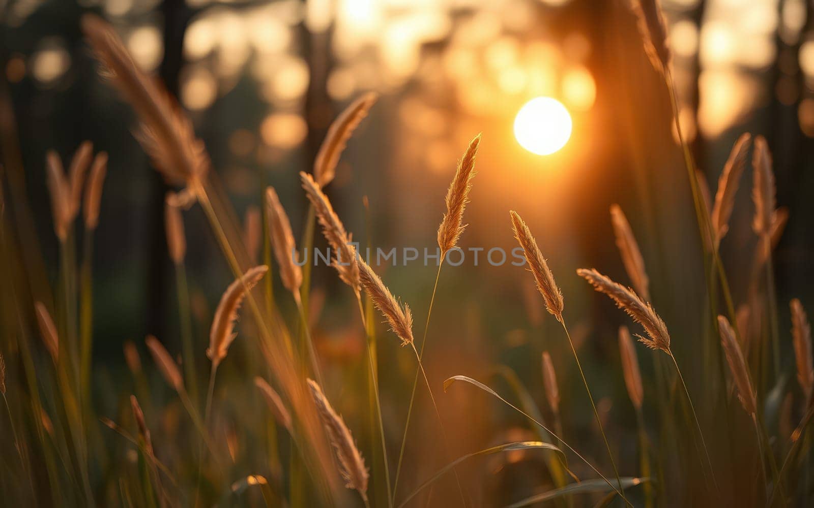 Tall grass sways gently in the meadow as the sun sets, casting a warm golden glow across the landscape and creating a tranquil atmosphere.