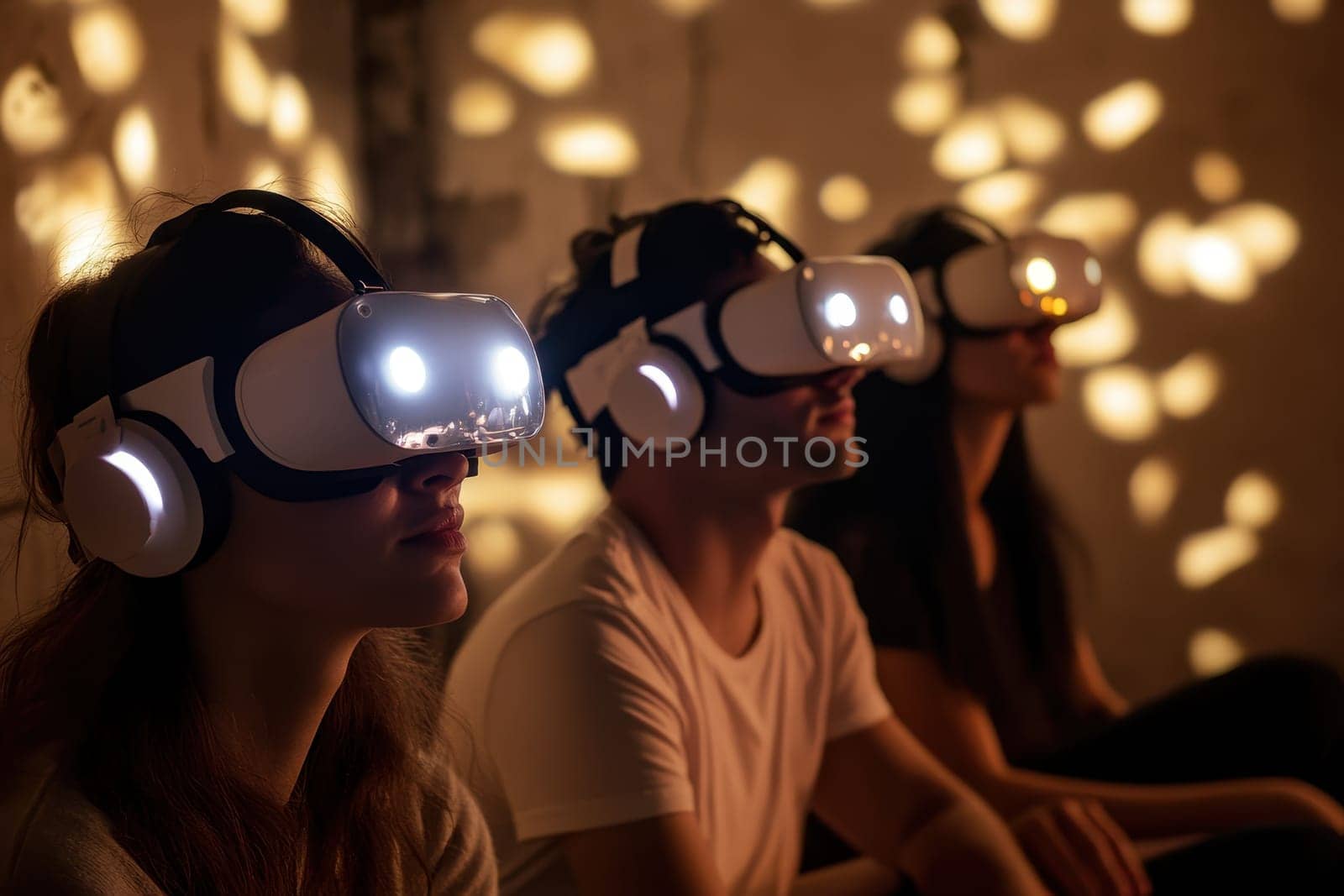 Three individuals enjoy a captivating virtual reality experience with headsets on. The soft, enchanting lights create a unique atmosphere, highlighting their focus and engagement.