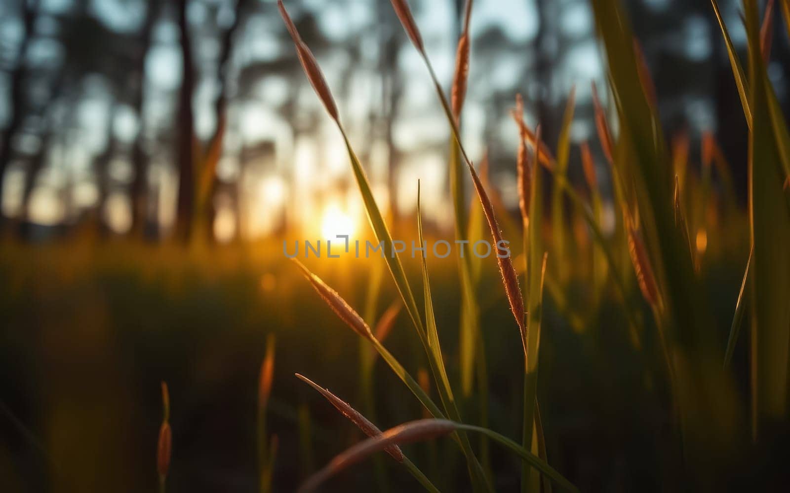 Soft sunlight filters through tall grass blades in a serene forest during sunset, creating a tranquil atmosphere filled with warm colors and natural beauty.