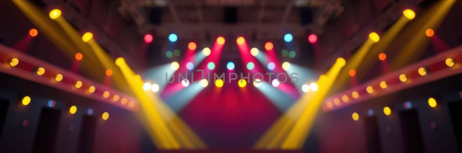 Bright stage lights in various colors create an energetic atmosphere in a performance venue at night, showcasing the excitement of live entertainment and music.