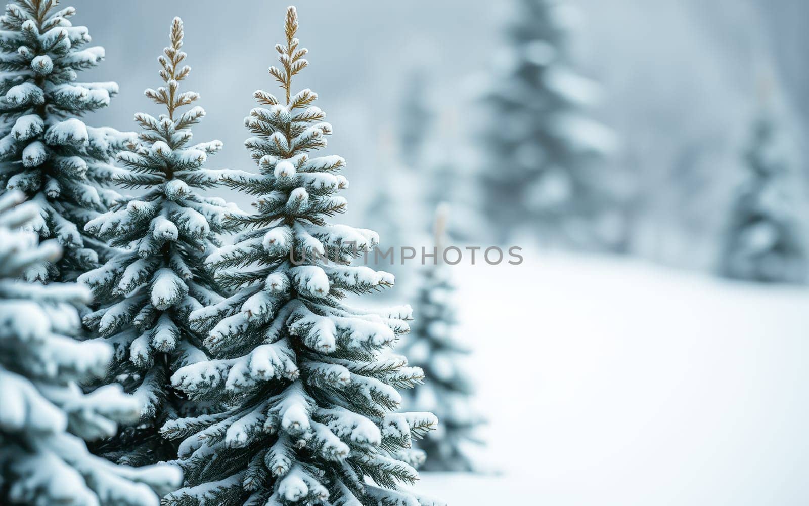 Evergreen trees are blanketed with fresh snow in a tranquil winter landscape. The soft falling snow creates a peaceful atmosphere among the picturesque scenery.