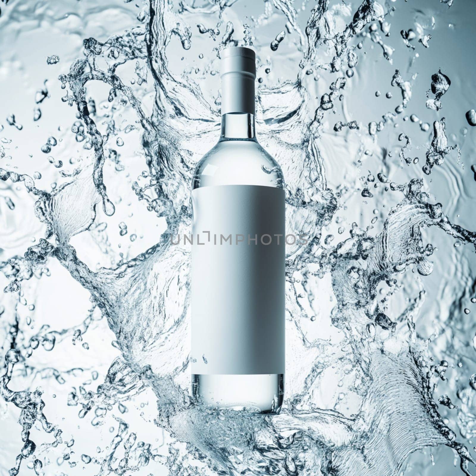 Transparent bottle filled with liquid is standing in the middle of a big splash of water, creating interesting shapes and reflections