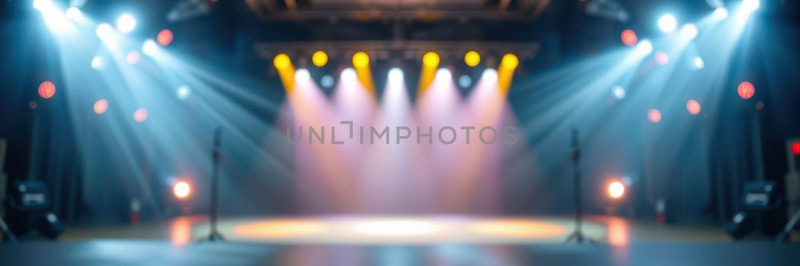 Bright lights illuminate an empty stage, ready for performers. The beams of varying colors cast a warm glow, setting the mood for an exciting event.