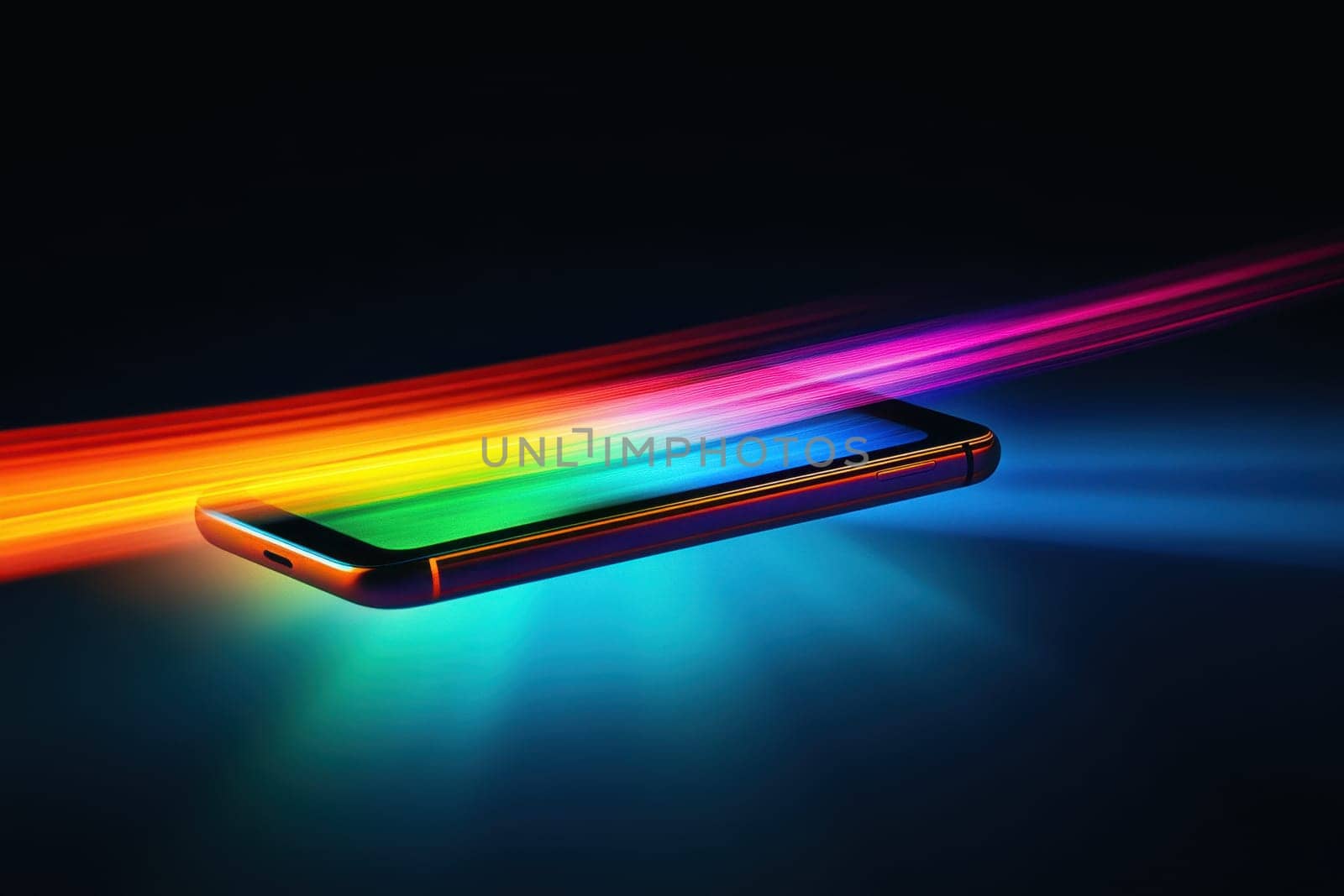 This striking image features a smartphone emitting vibrant light trails in a spectrum of colors, set against a dark background, showcasing modern technology and artistic design.