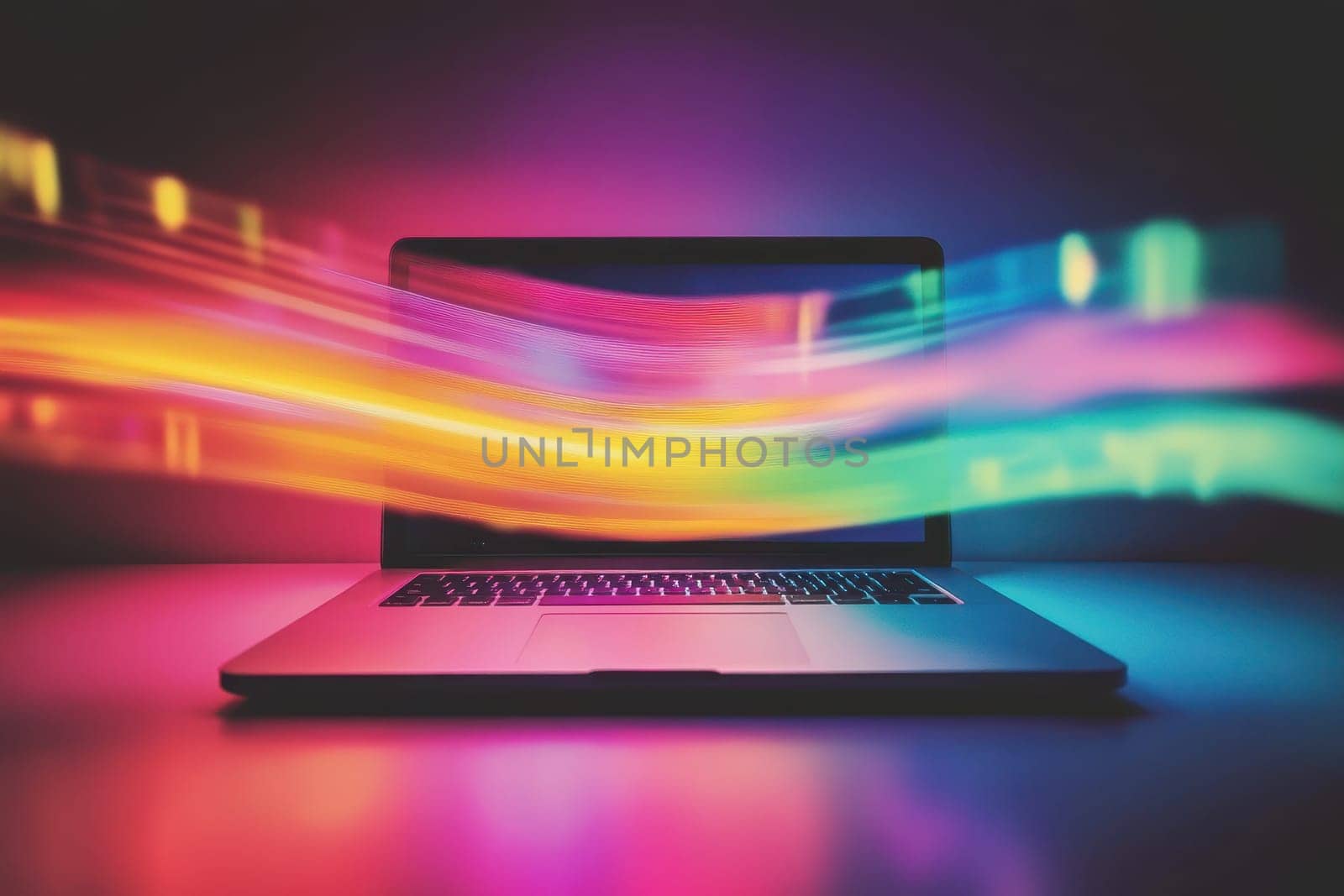 A stunning representation of vibrant light trails emanating from a laptop, showcasing a blend of colors against a dark background, ideal for digital art themes.