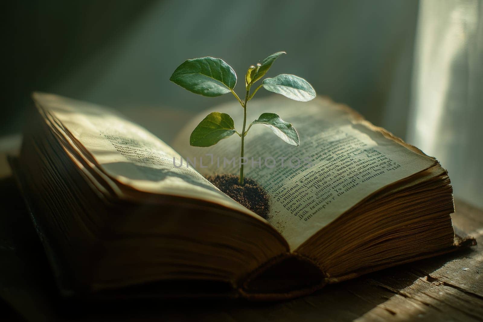 An enchanting image of a small seedling emerging from the pages of an open book, representing the intersection of nature, knowledge, and growth.