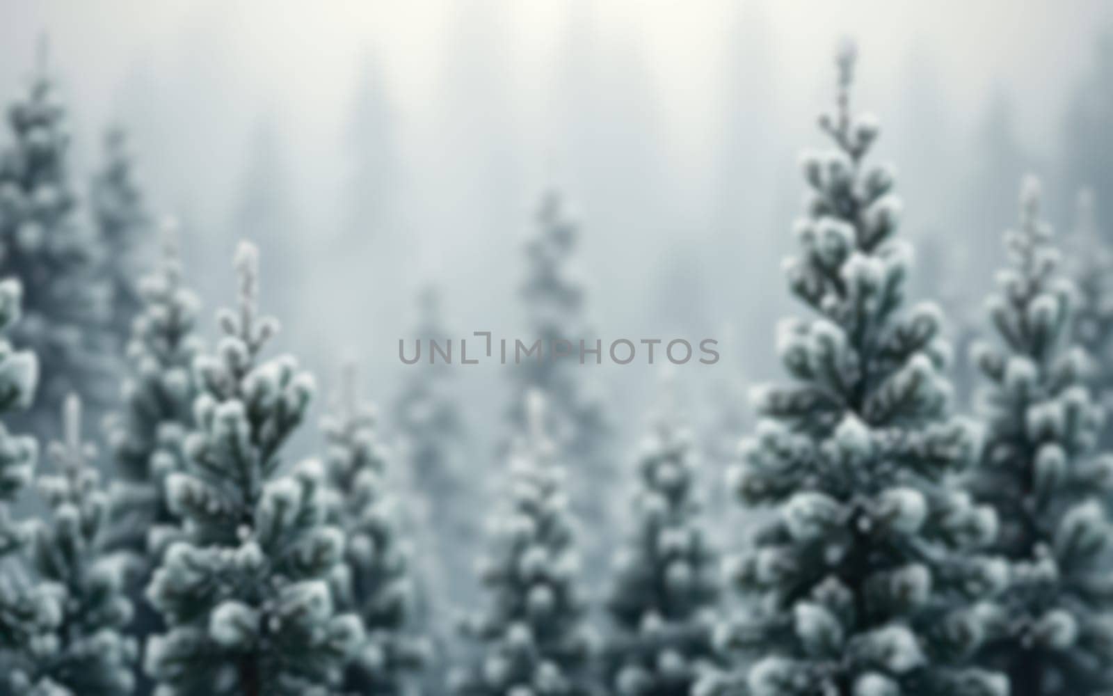 Pine trees blanket the forest in snow, creating a tranquil winter atmosphere. Fog adds an element of mystery to the serene surroundings, evoking peace and calm.