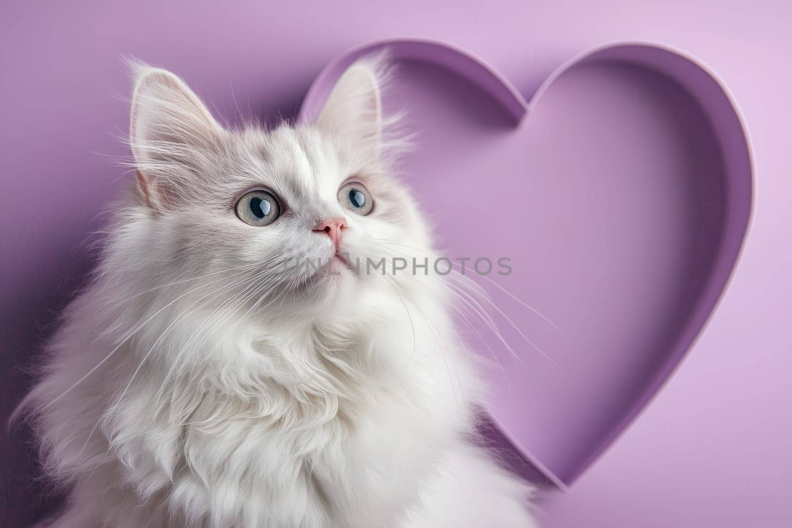 A fluffy white cat with striking blue eyes gazes thoughtfully at a heart-shaped decoration against a pastel purple background, radiating charm and affection.