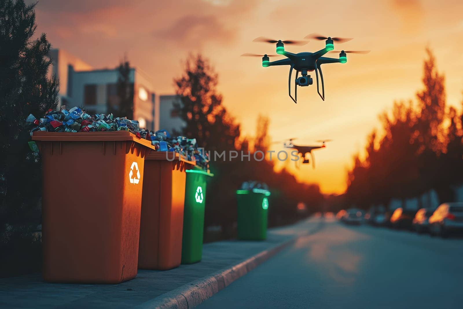 A sunset view features drones hovering over colorful recycling bins filled with waste in an urban setting. This image highlights the intersection of technology and environmental responsibility.