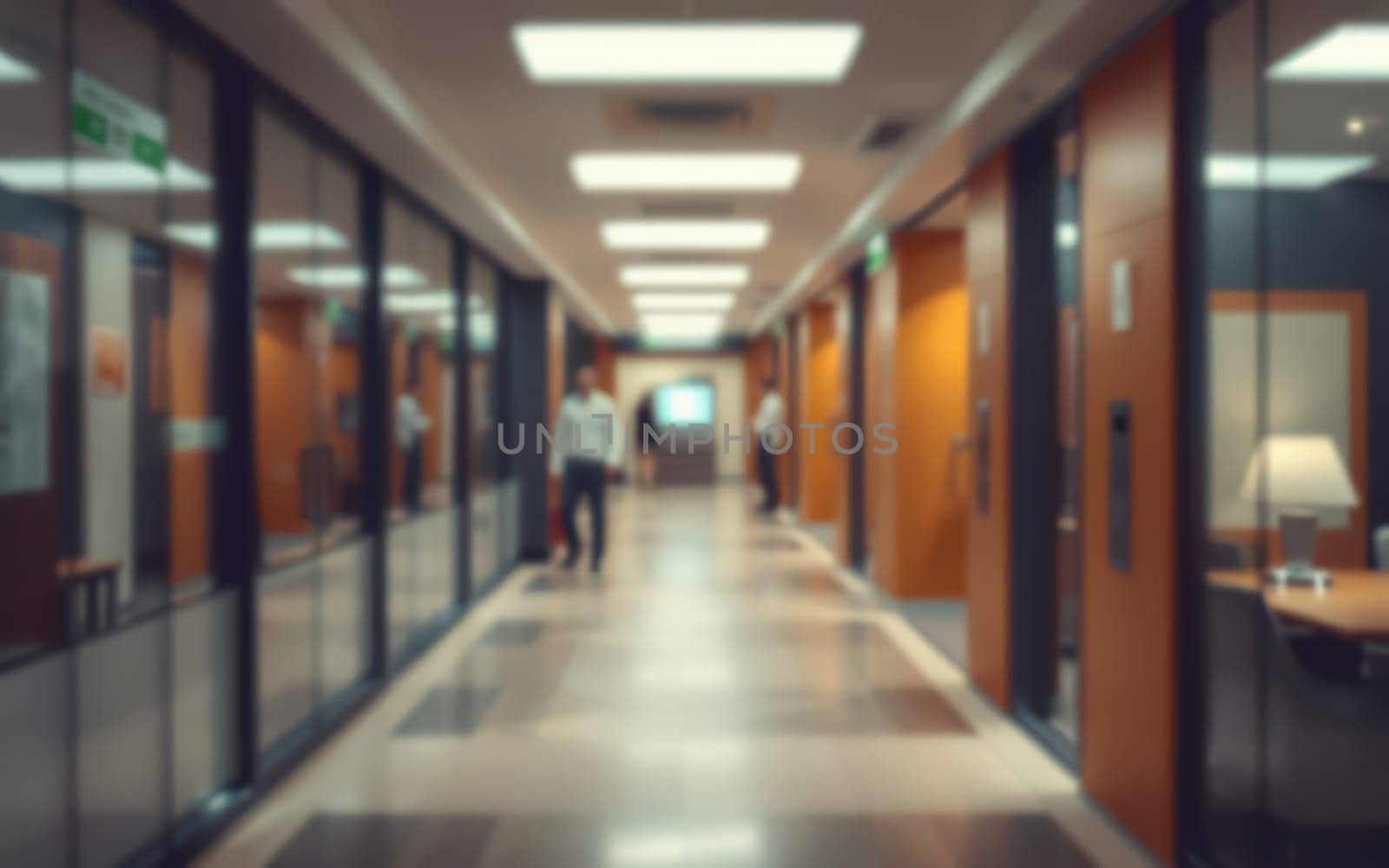 Professionals engage in conversations while walking through a well-lit office corridor featuring glass partitions and contemporary design elements throughout the day.