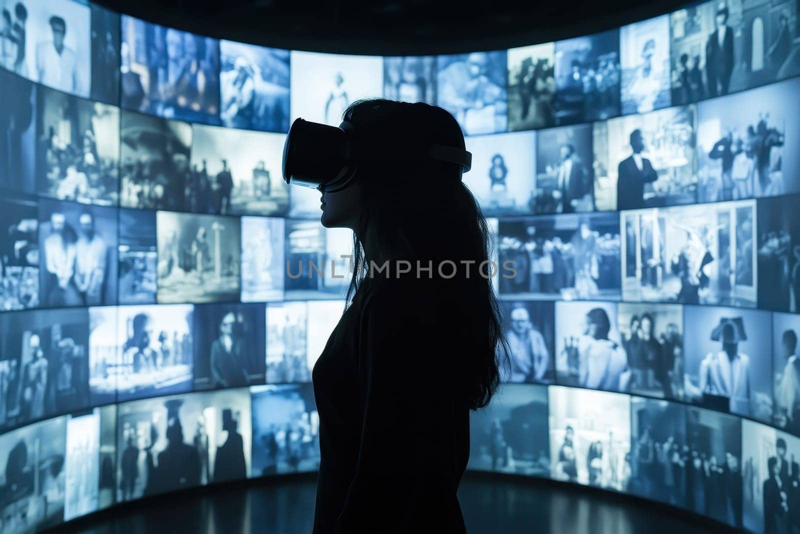 A woman stands in profile wearing a virtual reality headset, surrounded by a captivating wall of images, evoking imagination and exploration.