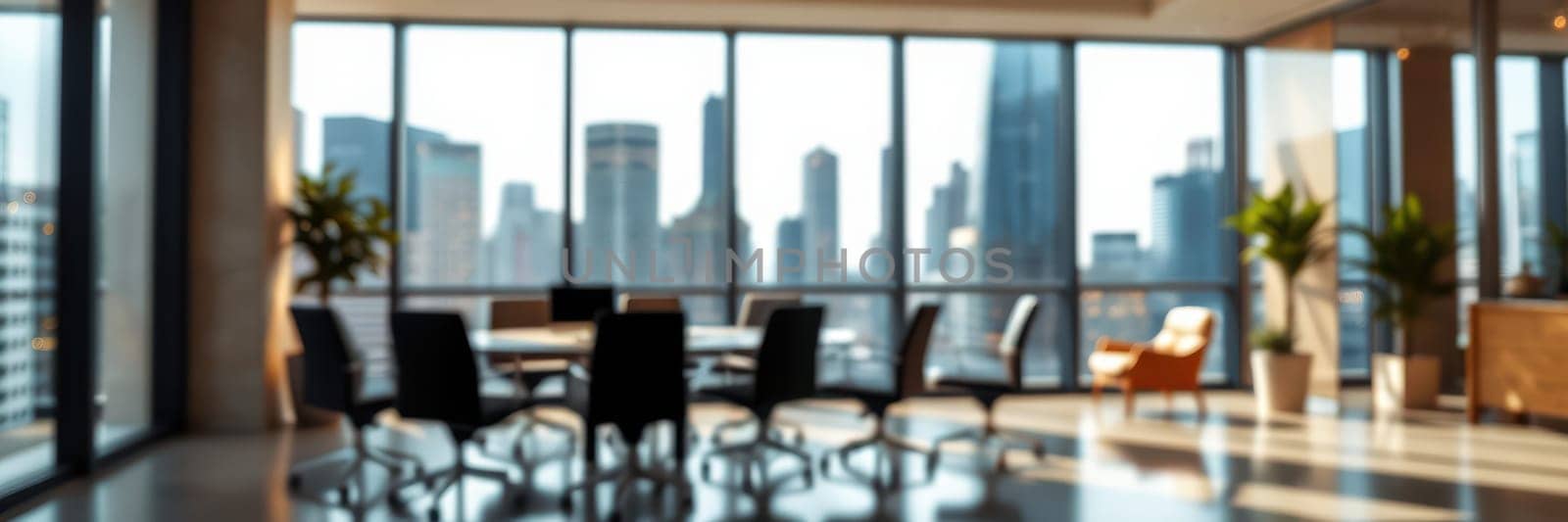 Bright office area with large windows overlooking a city skyline. Chairs surround a central table, illuminated by morning light, creating an inspiring atmosphere for meetings.