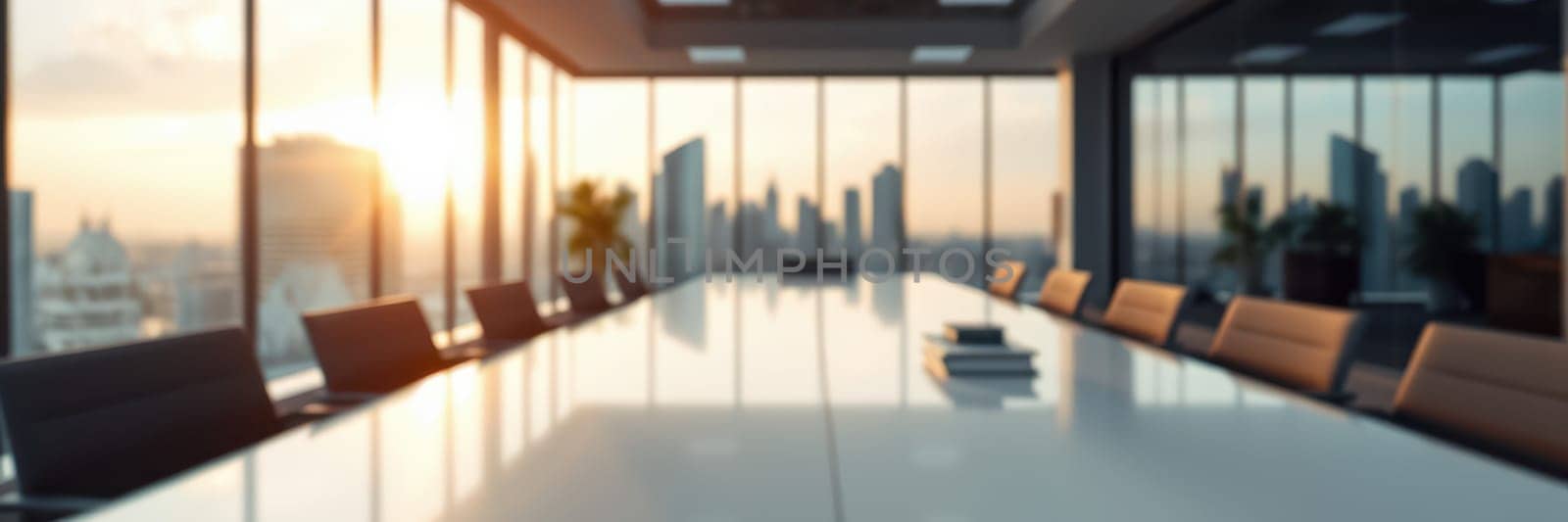 Bright light fills a spacious meeting room featuring a long table and contemporary chairs. The city skyline is visible through large windows as the sun sets.