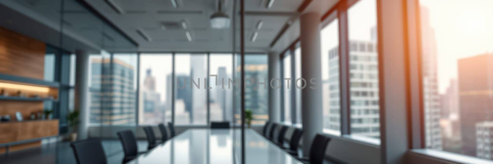 A sleek conference room features a long table and black chairs. Large glass windows reveal a vibrant city skyline bathed in evening light, creating a professional atmosphere.