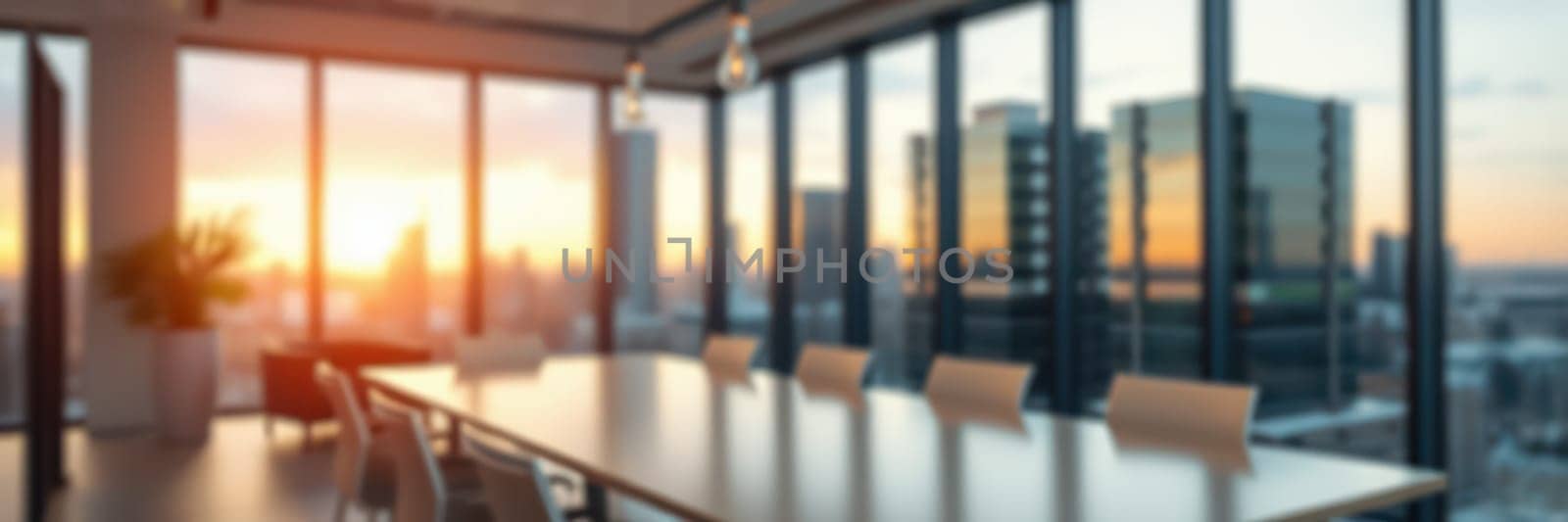A spacious office conference room features a long table surrounded by chairs, with large windows revealing a vibrant sunset illuminating the city skyline.