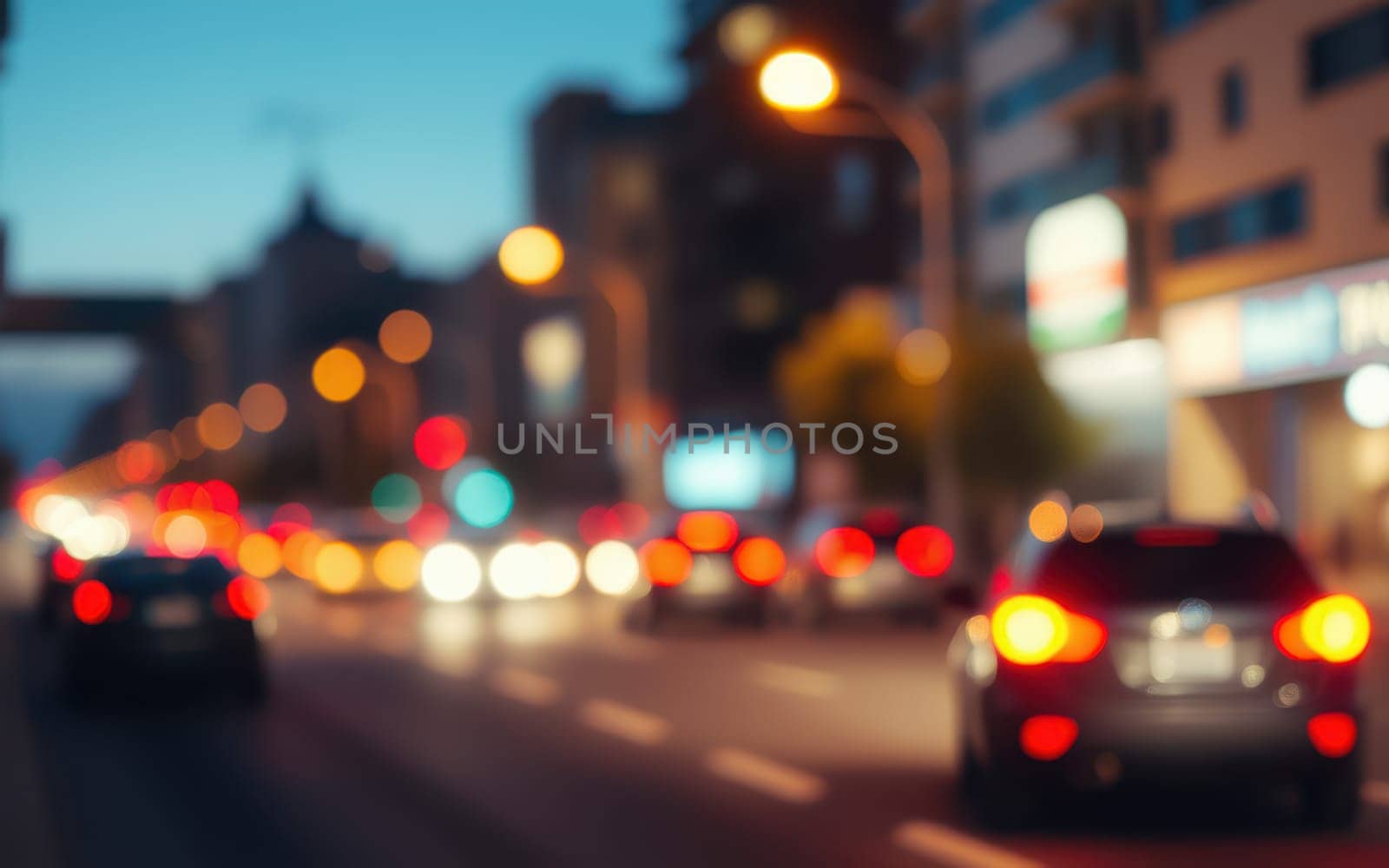 Cars navigate through a bustling city street during twilight hours, creating a beautiful blur of lights. Urban buildings line the road as activity continues into the evening.