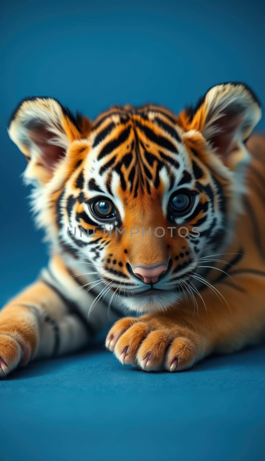 A young tiger is lying down on a vibrant blue surface, gazing directly at the viewer with its expressive eyes.
