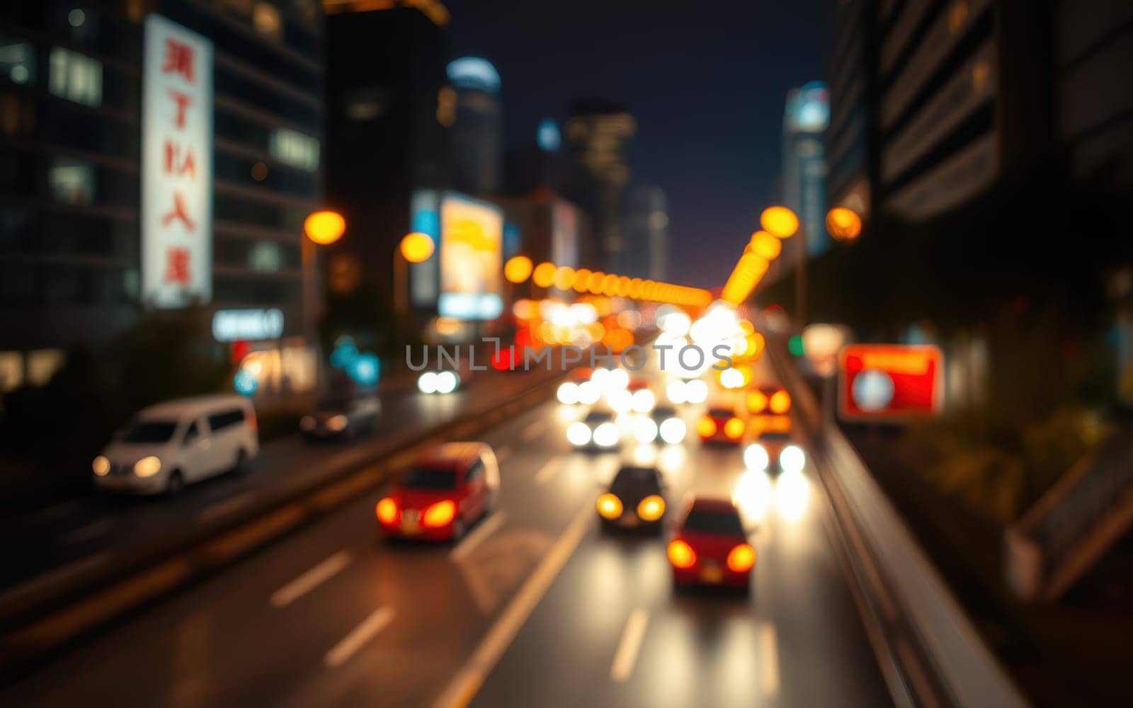 Cars navigate a bustling urban street filled with dynamic traffic and bright neon lights, showcasing the lively atmosphere of the city at night.
