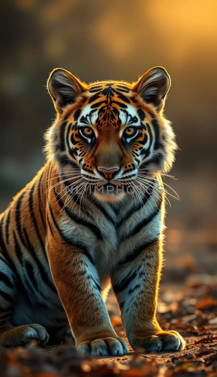 A striking tiger cub sits poised in its natural environment during sunset, showcasing its vibrant coat and intense gaze, highlighting the beauty of wildlife.
