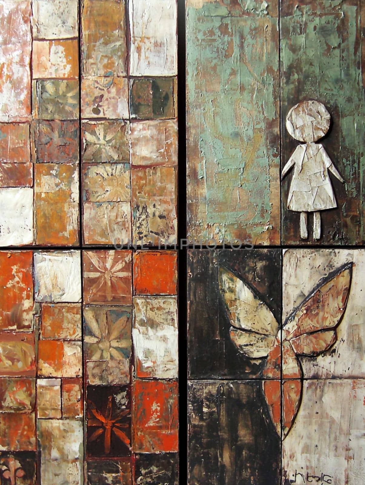 Abstract painting featuring a grid of colorful squares, with a girl and a butterfly symbolizing growth and transformation. The artwork evokes a sense of childhood wonder and the beauty of nature