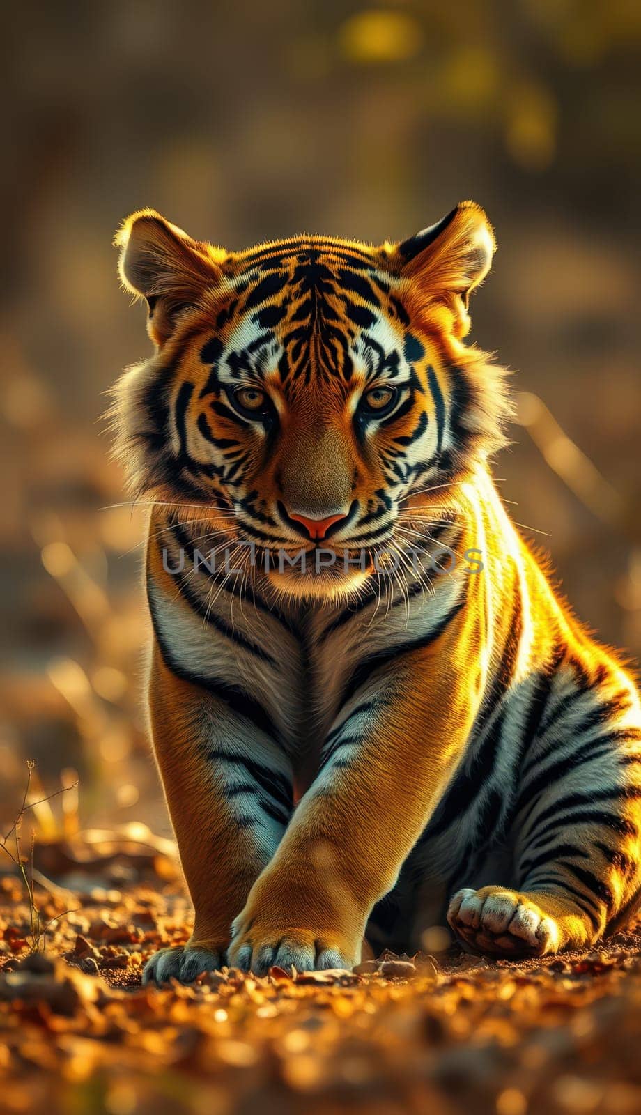 A striking tiger lounges on the forest floor, illuminated by soft golden sunlight. Its intense gaze and vibrant stripes create a captivating contrast against the natural backdrop.